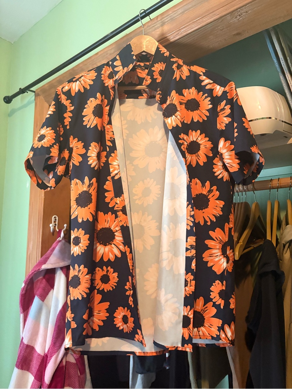 SHEIN Black Short-Sleeve Shirt with Orange Sunflower Print